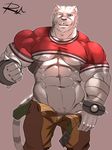  2017 abs anthro biceps big_muscles blue_eyes clothed clothing feline fur grimoire_of_zero hi_res kemono male mammal mercenary_(character) muscular muscular_male one_eye_closed pecs reclamon simple_background solo stripes tiger white_fur white_tiger wink 