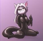  2017 alec8ter amber_eyes anthro breasts canine clothed clothing female fox gradient_background holding_object inner_ear_fluff looking_at_viewer mammal rubber rubber_suit signature simple_background sitting solo tight_clothing 