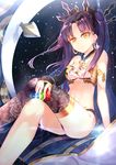  armlet asymmetrical_clothes bad_id bad_pixiv_id bare_shoulders black_hair breasts cleavage commentary_request crown earrings elbow_gloves fate/grand_order fate_(series) gloves hair_ribbon heavenly_boat_maanna highres hoop_earrings ishtar_(fate/grand_order) jewelry long_hair long_legs looking_at_viewer navel revision ribbon single_elbow_glove single_thighhigh small_breasts solo thighhighs yan_(nicknikg) 