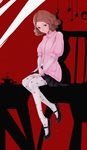  absurdres brown_eyes brown_hair cl curly_hair highres mary_janes okumura_haru pantyhose persona persona_5 pleated_skirt print_legwear shoes short_hair shuujin_academy_uniform skirt solo 