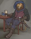  2016 anthro basil_(character) boots brown_eyes chewycuticle clothed clothing coin feline footwear goblet lion male mammal mane medieval melee_weapon simple_background sword table weapon 