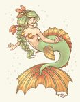  2017 braided_hair brown_eyes female freckles green_hair hair long_hair looking_back marine merfolk nude sepia_(artist) simple_background solo starfish swimming underwater water white_background 