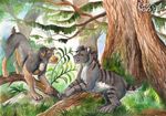  canine cat day dog duo feline friends fuzzymaro jungle mammal plant saber-toothed_cat traditional_media_(artwork) tree watercolor_(artwork) 