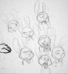  2017 anthro black_and_white buckteeth clothed clothing disney expression_sheet female judy_hopps lagomorph mammal monochrome monoflax rabbit simple_background sketch sketch_page solo teeth traditional_media_(artwork) white_background zootopia 