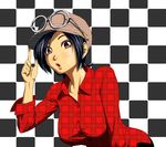 black_hair breasts brown_hair cabbie_hat checkered checkered_background eyewear_on_head glasses hair_over_one_eye hat large_breasts leaning_forward lips mahha_warabi may_lee nib_pen_(medium) parted_lips plaid plaid_shirt round_eyewear shirt short_hair solo the_king_of_fighters traditional_media unmoving_pattern 