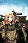  alisa_(girls_und_panzer) blonde_hair blue_eyes boots brown_eyes brown_hair browning_m2 cable caterpillar_tracks character_request crossover danielle_brindle freckles fury_(movie) gas_mask girls_und_panzer gloves ground_vehicle gun helmet helmet-chan_(girls_und_panzer) highres kay_(girls_und_panzer) leather leather_gloves log m4_sherman machine_gun military military_vehicle motor_vehicle multiple_girls naomi_(girls_und_panzer) open_hatch short_twintails tank twintails weapon 