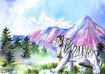  feline feral forest fuzzymaro mammal mountain tiger traditional_media_(artwork) tree watercolor_(artwork) 
