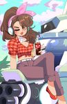  alternate_costume alternate_hairstyle cruiser_d.va d.va_(overwatch) denim drink earrings headphones highres jeans jewelry meka_(overwatch) overwatch pants queen_ashi 