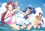  4girls adapted_costume ball beachball bikini bikini_skirt blue_eyes blue_hair blue_sky blush bow bracelet brown_hair clothed_navel cloud hanasaki_tsubomi heart heartcatch_precure! jewelry kurumi_erika long_hair multiple_girls myoudouin_itsuki navel ocean one_eye_closed open_mouth pink_eyes pink_hair ponytail precure purple_hair satogo short_hair sky smile splashing swimsuit tsukikage_yuri very_long_hair water 