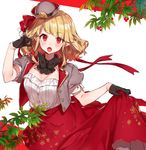  bangs black_gloves blonde_hair blush branch breasts commentary_request cropped_jacket eyebrows_visible_through_hair fangs gloves hair_ribbon half_gloves hat jacket leaf lifted_by_self long_skirt looking_at_viewer medium_breasts open_clothes open_jacket open_mouth original pointy_ears red_background red_eyes red_ribbon red_skirt ribbon shirako_miso short_sleeves sidelocks skirt skirt_lift smile solo two-tone_background upper_body wavy_hair white_background 