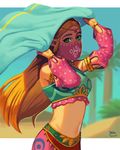  alternate_costume blonde_hair blue_eyes blush breasts cosplay detached_sleeves earrings gerudo_link gerudo_link_(cosplay) green_eyes hair_ornament jewelry long_hair looking_at_viewer medium_breasts mella midriff navel pointy_ears princess_zelda see-through solo stomach the_legend_of_zelda the_legend_of_zelda:_breath_of_the_wild veil 