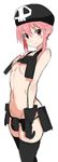  1girl 5240mosu belt black_gloves blush breasts gloves hand_on_own_chest holster jakuzure_nonon kill_la_kill midriff navel nudist_beach_uniform pink_hair red_eyes shoulder_holster sidelocks single_glove sketch skindentation skull_print small_breasts smile solo thighhighs utility_belt 