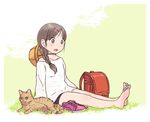  1girl artist_request backpack backpack_removed barefoot braid brown_hair cat character_request copyright_request feet green_background green_eyes hairclip pink_shoes shoes_removed single_braid sitting soles toes 