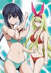  aqua_bikini bikini black_hair blonde_hair blue_eyes bow breasts cleavage collarbone cowboy_shot hair_bow hair_ribbon highres index_finger_raised kaminashi_nozomi keijo!!!!!!!! large_breasts long_hair medium_breasts multiple_girls navel ponytail red_bikini red_eyes red_ribbon ribbon sakashiro_maya sideboob smile standing swimsuit very_long_hair white_ribbon 