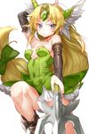  1girl ahoge arm_up blonde_hair blue_eyes blush boots bow breasts bridal_gauntlets dress forehead_jewel green_dress helmet long_hair looking_at_viewer low-tied_long_hair naso4 polearm riesz seiken_densetsu seiken_densetsu_3 simple_background small_breasts solo spear strapless strapless_dress very_long_hair weapon white_background winged_helmet 