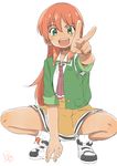  1girl ascot female full_body green_eyes looking_at_viewer open_mouth orange_hair satsuyo simple_background skirt sneakers solo squatting v white_background 