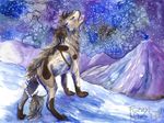  canine feral fuzzymaro howl mammal mountain night snow traditional_media_(artwork) watercolor_(artwork) wolf 