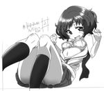  akiyama_yukari arms_up bra breasts dated girls_und_panzer greyscale kneehighs kozu_kue lace lace-trimmed_bra lace-trimmed_panties legs looking_at_viewer lying messy_hair monochrome navel ooarai_school_uniform open_clothes panties pantyshot pantyshot_(lying) raised_eyebrows school_uniform serafuku shiny shiny_skin short_hair small_breasts solo thighs twitter_username underwear 
