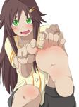  1girl :d artist_request barefoot black_shorts brown_hair character_request copyright_request feet foot_hold green_eyes grey_background hair_ornament hands_on_feet long_hair looking_at_viewer pov_feet shorts simple_background soles solo spread_toes toes 
