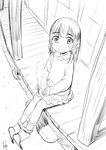  1girl child cup female looking_at_viewer monochrome no_panties original outdoors panties panties_around_ankles porch satsuyo sitting skirt smile solo 