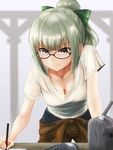  &gt;:) bangs blunt_bangs blurry blurry_background bow breasts brown-framed_eyewear brown_pants cleavage closed_mouth collarbone cowboy_shot downblouse foreshortening glasses green_bow green_eyes green_hair hair_bow highres holding holding_pen kantai_collection kokuzoo leaning_forward long_hair medium_breasts pants pen shiny shiny_hair shirt short_sleeves smile solo standing table turret v-shaped_eyebrows white_shirt writing yuubari_(kantai_collection) 