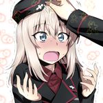  blue_eyes blush commentary garrison_cap girls_und_panzer hat itsumi_erika kuromorimine_military_uniform long_hair military military_uniform nakahira_guy open_mouth out_of_frame petting silver_hair solo_focus trembling uniform 
