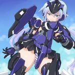  &gt;:( annoyed ass_visible_through_thighs bare_shoulders black_gloves blue_eyes blue_hair blue_sky blush commentary_request day dd_(ijigendd) dutch_angle elbow_gloves frame_arms_girl frown gloves headgear long_hair looking_at_viewer mecha_musume panties shiny shiny_clothes shiny_hair shiny_skin skirt sky solo striped striped_panties stylet thighhighs twintails underwear v-shaped_eyebrows very_long_hair 