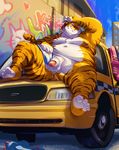  anthro car feline guffaw humanoid_penis looking_at_viewer male mammal nipples obese outside overweight penis smile solo tiger uncut vehicle 