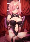  black_gloves black_legwear boots breasts cleavage closed_mouth curtain_grab curtains elbow_gloves fate/grand_order fate_(series) gloves hair_over_one_eye high_heel_boots high_heels indoors large_breasts leotard looking_at_viewer mash_kyrielight navel navel_cutout pink_hair purple_eyes sakura_yuki_(clochette) sitting smile solo thigh_boots thigh_strap thighhighs 