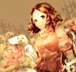  blurry brown_eyes brown_hair cup curly_hair flower grey_background holding holding_cup looking_at_viewer mozuyun okumura_haru persona persona_5 rose short_hair smile solo teacup upper_body 