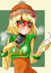  :/ arms_(game) bangs beanie bendy_straw blonde_hair blunt_bangs blush bob_cut bottle bracelet breasts chinese chinese_clothes clothes_writing collarbone crop_top domino_mask drinking_straw eyelashes fingernails food green_eyes green_shirt hat holding holding_bottle hot jewelry knit_hat looking_at_viewer mask medium_breasts min_min_(arms) noodles open_mouth orange_hat raised_eyebrow sasori_chamaru shiny shiny_clothes shirt shirt_tug short_hair short_sleeves solo steam sweat thick_eyebrows tsurime upper_body water water_bottle zipper zipper_pull_tab 