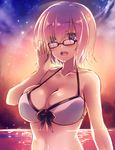  :d backlighting bangs bare_arms bare_shoulders bikini_top black-framed_eyewear blush breasts cleavage collarbone commentary_request eyebrows_visible_through_hair fate/grand_order fate_(series) front-tie_bikini front-tie_top glasses gradient_sky hair_between_eyes hand_up highres horizon large_breasts looking_at_viewer mash_kyrielight navel ocean open_mouth outdoors pink_hair purple_eyes short_hair sky smile solo star_(sky) starry_sky suzune_rena upper_body white_bikini_top 