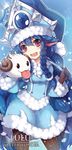  blue_hair blush braid character_name dress horns league_of_legends long_hair looking_at_viewer lulu_(league_of_legends) pantyhose poro purple_eyes smile snow solo sora_(dkssud6580) tongue tongue_out twin_braids winter_clothes winter_wonder_lulu yordle 