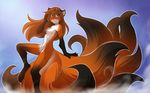  2017 anthro blue_eyes breasts brown_hair canine digitigrade edit female fox fur hair keidran laura_(twokinds) long_hair looking_at_viewer mammal markings multi_tail multicolored_tail nude one_leg_up orange_fur pose seff side_view simple_background small_breasts smile socks_(marking) solo tom_fischbach tuft twokinds webcomic white_fur 