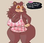  2017 4_fingers animal_crossing anthro anthrofied apron big_breasts blush breasts cleavage clothed clothing dialogue female hair half-closed_eyes hedgehog huge_breasts mammal nintendo nipple_bulge sable_able signirsol simple_background solo standing thick_thighs video_games wide_hips 