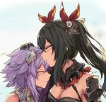  armor bare_shoulders black_hair blush breasts closed_eyes forehead_kiss four_goddesses_online:_cyber_dimension_neptune hair_ornament hair_ribbon kiss long_hair medium_breasts multiple_girls neptune_(choujigen_game_neptune) neptune_(series) noire purple_hair ribbon short_hair twintails upper_body white_crow yuri 