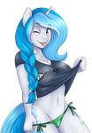  2017 anthro askbubblelee bikini blue_eyes blue_hair braided_hair bubble_lee_(character) cat-named-fish clothing dripping equine fan_character female freckles hair horn mammal my_little_pony one_eye_closed panties solo swimsuit tongue tongue_out underwear unicorn water wet wink 