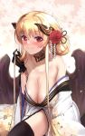  1girl bare_shoulders black_legwear black_wings blonde_hair blurry blurry_background blush breasts cleavage closed_mouth depth_of_field detached_collar eyebrows_visible_through_hair eyes_visible_through_hair floral_background flower flower_request glint hair_flower hair_ornament hand_up highres horns japanese_clothes kimono kneeling large_breasts long_hair long_sleeves looking_at_viewer mole mole_on_breast no_bra off_shoulder original pink_background red_eyes red_flower smile solo thighhighs untsue very_long_hair white_kimono wings 