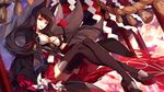  akagi_(azur_lane) animal_ears azur_lane black_hair breasts cleavage commentary dress fingerless_gloves fox_ears fox_tail gloves highres long_hair looking_at_viewer medium_breasts multiple_tails onbashira red_eyes sitting skade skirt smile tail thighhighs 
