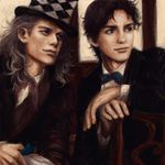  arm_rest bow bowtie brown_hair hat jojo_no_kimyou_na_bouken jonathan_joestar looking_to_the_side male_focus multiple_boys pekanpeka phantom_blood realistic robert_eo_speedwagon silver_hair sitting smile top_hat tuxedo 