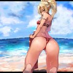  ass beach bikini blonde_hair cloud cloudy_sky day fate/grand_order fate_(series) gond green_eyes jewelry kneeling long_hair looking_back mordred_(fate)_(all) mordred_(swimsuit_rider)_(fate) ocean outdoors ponytail red_bikini shiny shiny_skin sky summer sweat swimsuit 