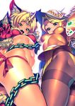  absurdres animal_ears ass black_legwear blonde_hair blue_eyes breasts chain claw_pose dual_persona fangs fenrir_knight gloves helmet highres looking_at_viewer looking_down multiple_girls navel okita_ababa open_mouth pantyhose parted_lips pauldrons red_gloves riesz seiken_densetsu seiken_densetsu_3 small_breasts teeth thighband_pantyhose vanadis 