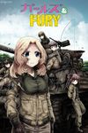  alisa_(girls_und_panzer) blonde_hair blue_eyes boots brown_eyes brown_hair browning_m2 cable caterpillar_tracks character_request copyright_name crossover danielle_brindle extra freckles fury_(movie) gas_mask girls_und_panzer gloves ground_vehicle gun helmet helmet-chan_(girls_und_panzer) highres kay_(girls_und_panzer) leather leather_gloves log m4_sherman machine_gun military military_vehicle motor_vehicle multiple_girls naomi_(girls_und_panzer) open_hatch short_twintails tank twintails weapon 