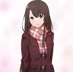  arms_behind_back bangs blunt_bangs blush bright_pupils brown_eyes brown_hair checkered checkered_scarf closed_mouth coat commentary duffel_coat expressionless fringe_trim katou_megumi long_hair looking_at_viewer pink_background pink_scarf pocket red_coat saenai_heroine_no_sodatekata scarf sidelocks simple_background smile solo upper_body xiujia_yihuizi 