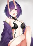  anza_tomo bare_shoulders blush breasts commentary_request fangs fate/grand_order fate_(series) horns japanese_clothes kimono knees_up looking_at_viewer off_shoulder oni oni_horns open_clothes open_kimono open_mouth purple_eyes purple_hair purple_kimono revealing_clothes short_hair shuten_douji_(fate/grand_order) simple_background sitting small_breasts solo tsurime 