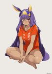  alternate_costume bare_legs barefoot black_panties blush breasts casual closed_mouth commentary_request crossed_legs dark_skin facial_mark fate/grand_order fate_(series) full_body hairband highres indian_style kerorira long_hair looking_at_viewer medium_breasts nitocris_(fate/grand_order) no_pants panties pout purple_eyes purple_hair shirt sidelocks simple_background sitting solo translated twitter_username underwear very_long_hair 