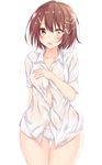  brown_eyes brown_hair buttons furutaka_(kantai_collection) hair_between_eyes heterochromia highres kantai_collection open_mouth panties pikacchi shirt short_hair short_sleeves simple_background smile solo underwear white_background white_panties white_shirt yellow_eyes 