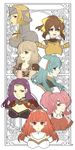  armor bare_shoulders blonde_hair bow braid breastplate breasts brown_hair celica_(fire_emblem) cleavage dyute_(fire_emblem) earrings effie_(fire_emblem) fangs fire_emblem fire_emblem_echoes:_mou_hitori_no_eiyuuou green_eyes green_hair helmet highres jewelry kaiji0324 long_hair mae_(fire_emblem) matilda_(fire_emblem) medium_breasts multiple_girls one_eye_closed open_mouth purple_eyes purple_hair sonia_(fire_emblem_gaiden) teeta_(fire_emblem) tiara white_background 