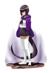  1girl breasts capcom choker gore_magala hair_over_eyes monster_hunter nintendo personification purple_hair school_uniform shoes short_hair skirt tail thighhighs 