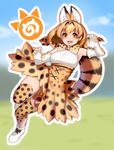  animal_ears armpits bare_shoulders blonde_hair bow breasts commentary_request elbow_gloves eyebrows_visible_through_hair full_body gloves highres japari_symbol kemono_friends looking_at_viewer masami_chie medium_breasts open_mouth print_bow print_gloves print_legwear print_skirt serval_(kemono_friends) serval_ears serval_print short_hair simple_background skirt sleeveless smile solo tail thighhighs yellow_eyes zettai_ryouiki 